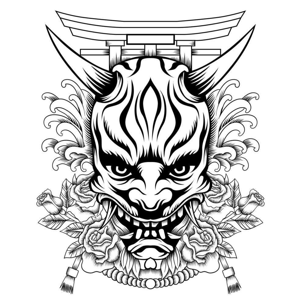 Oni mask illustration tattoo style in black and white vector