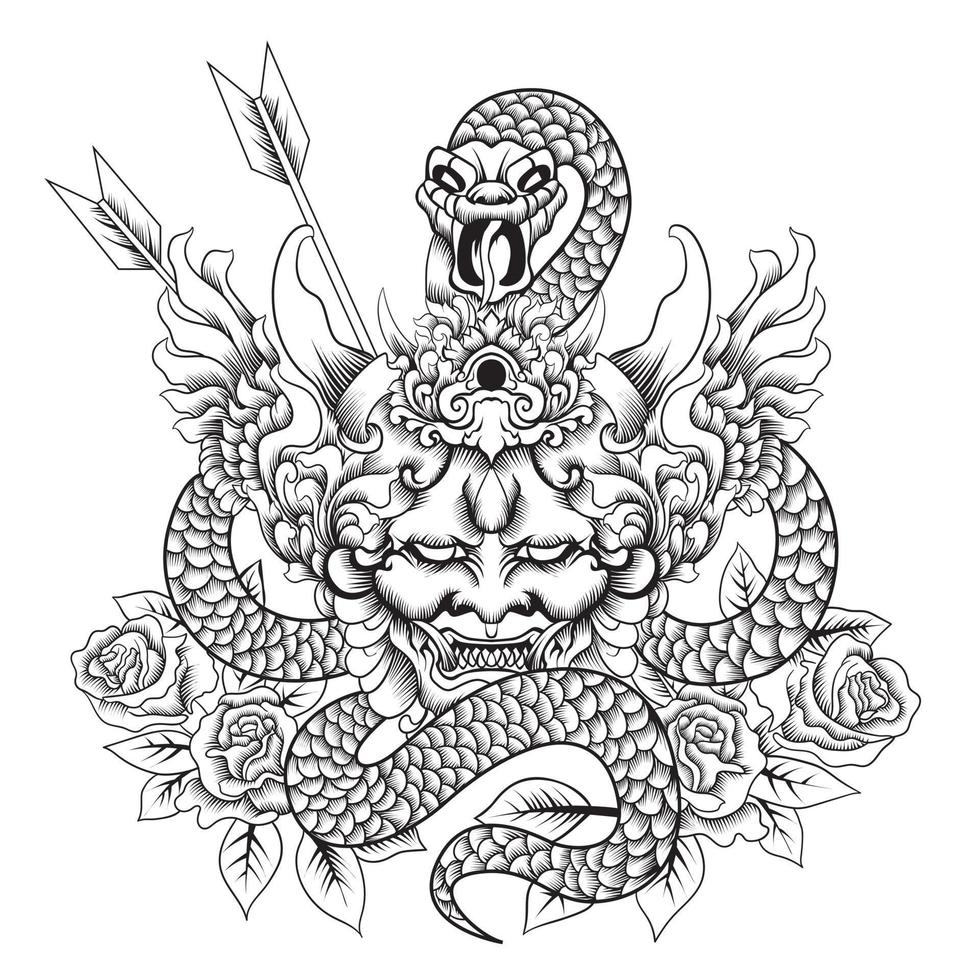 máscara de hannya con estilo de tatuaje de serpiente en blanco y negro vector