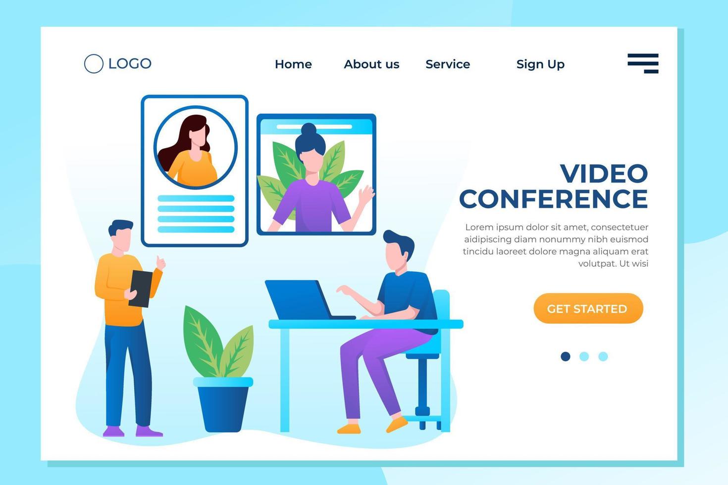 Video conference landing. People on computer screen taking with colleague. Videoconferencing and online meeting workspace vector page