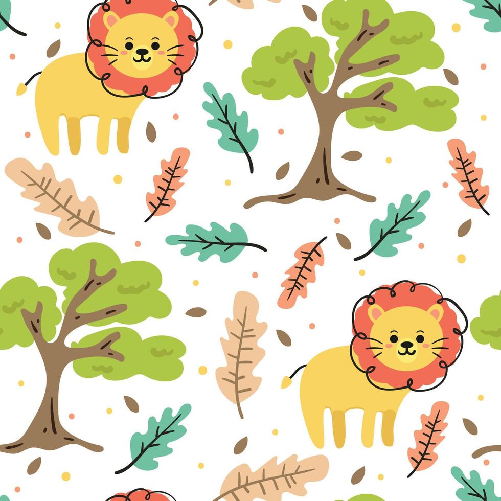 tigre de dibujos animados de dibujo a mano de patrones sin fisuras y planta. dibujo animal para estampado de tela, textil, papel de regalo vector