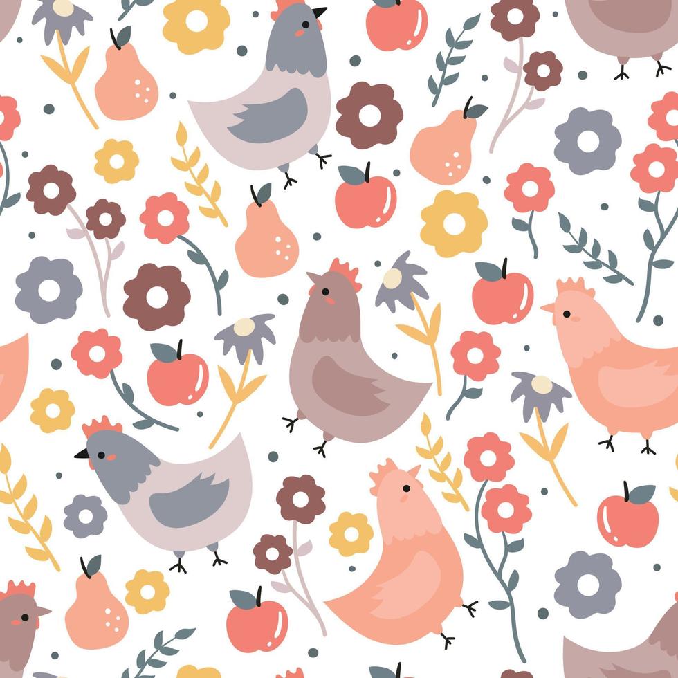 seamless pattern hand drawing cartoon chicken, fruit and plant. animal drawing for fabric print, textile, gift wrap paper vector