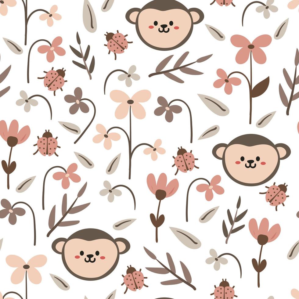 seamless pattern hand drawing cartoon monkey and plant. animal drawing for fabric print, textile, gift wrap paper vector