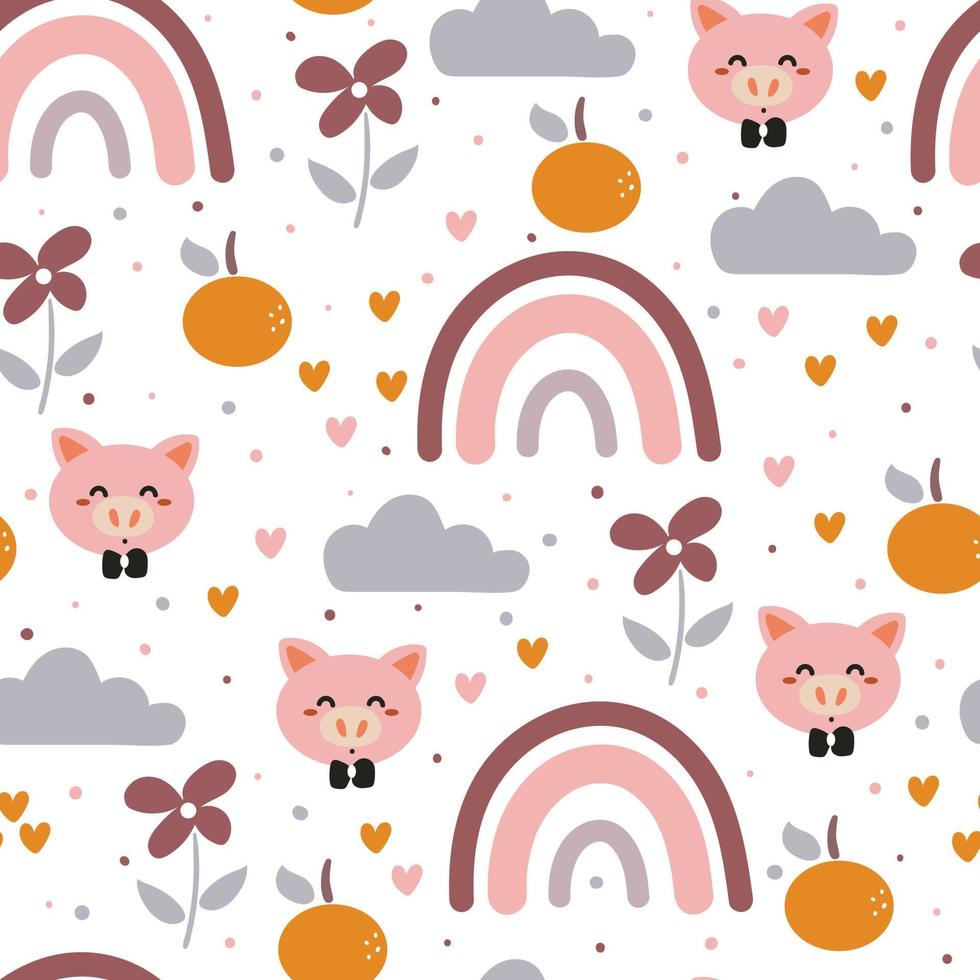 seamless pattern hand drawing cartoon pig, rainbow, flower and orange. cute background for fabric print, textile, gift wrap paper vector