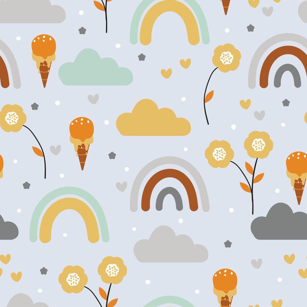 seamless pattern hand drawing cartoon flower, clouds, rainbow and ice cream. cute background for fabric print, textile, gift wrap paper vector