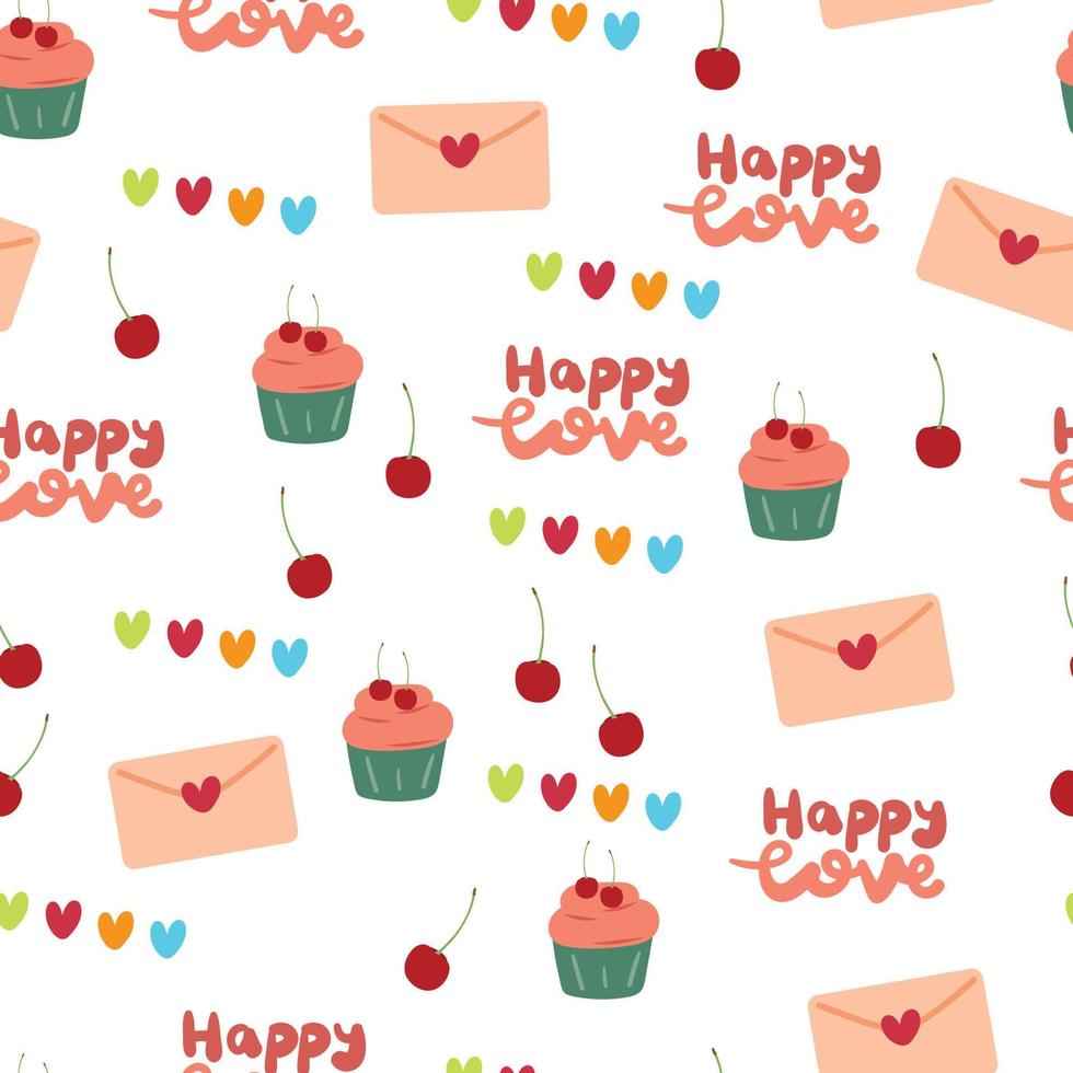 mano de patrones sin fisuras dibujo carta de dibujos animados, cupcake y corazón. fondo de San Valentín para estampado de tela, textil, papel de regalo vector