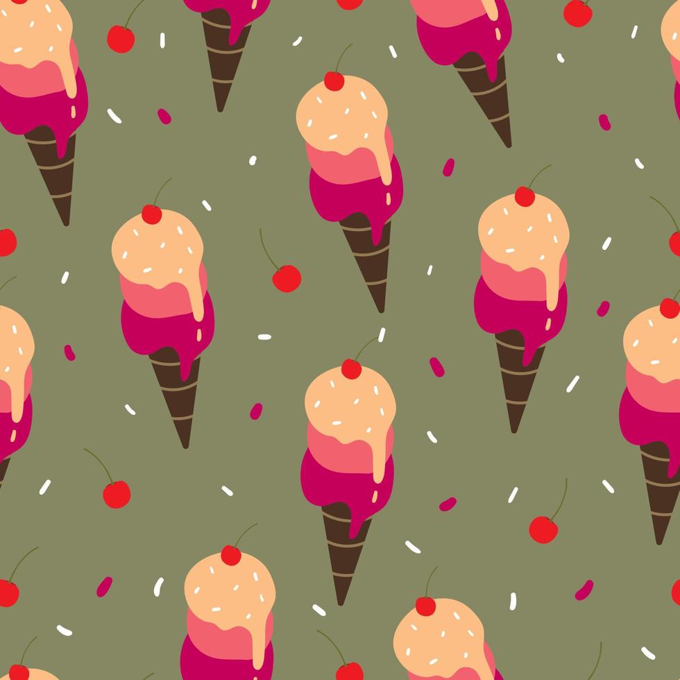 Helado de dibujos animados dibujo a mano de patrones sin fisuras. fondo de comida para estampado de tela, textil, papel de regalo vector