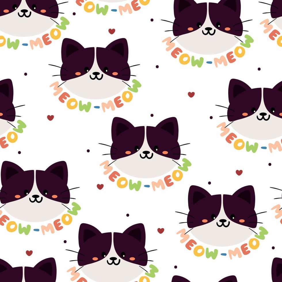 gato de dibujos animados de dibujo a mano de patrones sin fisuras y planta. dibujo animal para estampado de tela, textil, papel de regalo vector