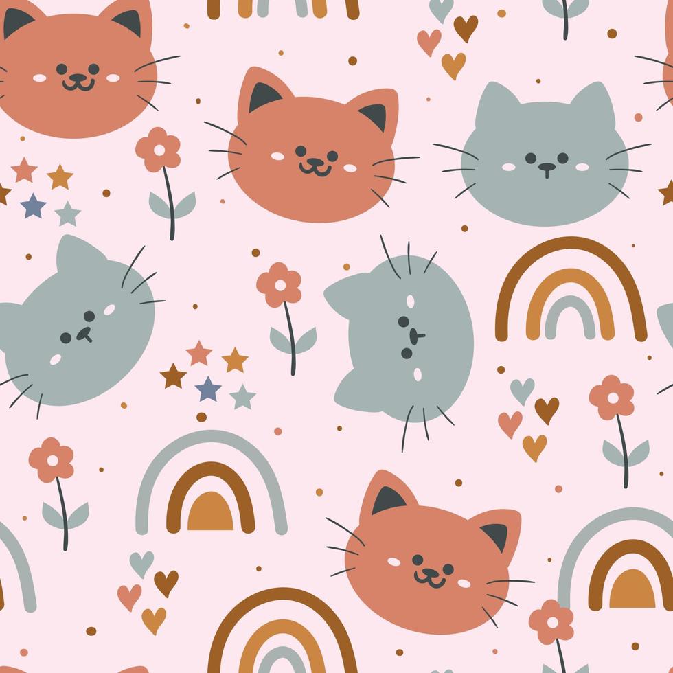 gato de dibujos animados de dibujo a mano de patrones sin fisuras y planta. dibujo animal para estampado de tela, textil, papel de regalo vector