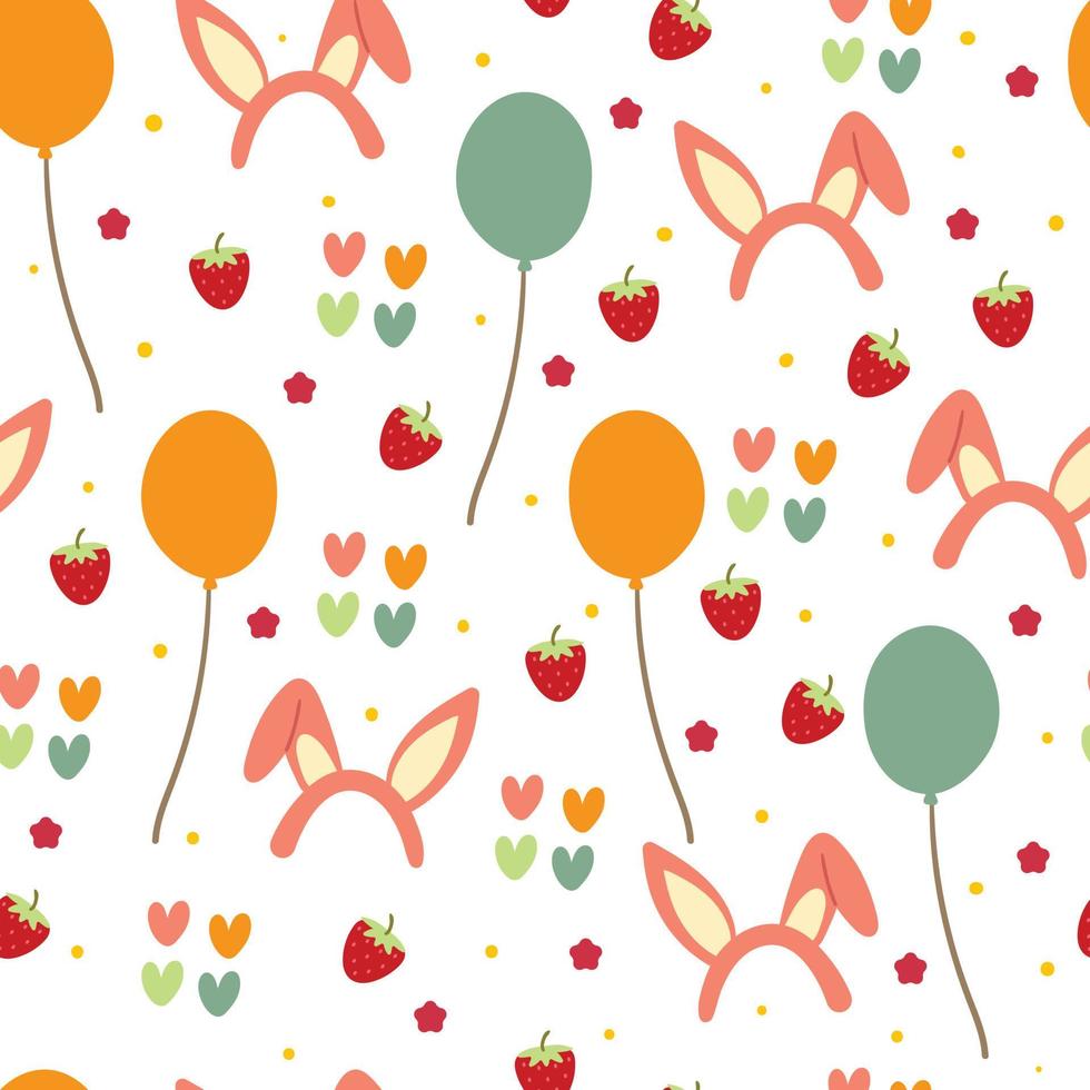 seamless pattern hand drawing cartoon balloon, strawberry and rabbit headband. cute drawing for fabric print, textile, gift wrap paper vector