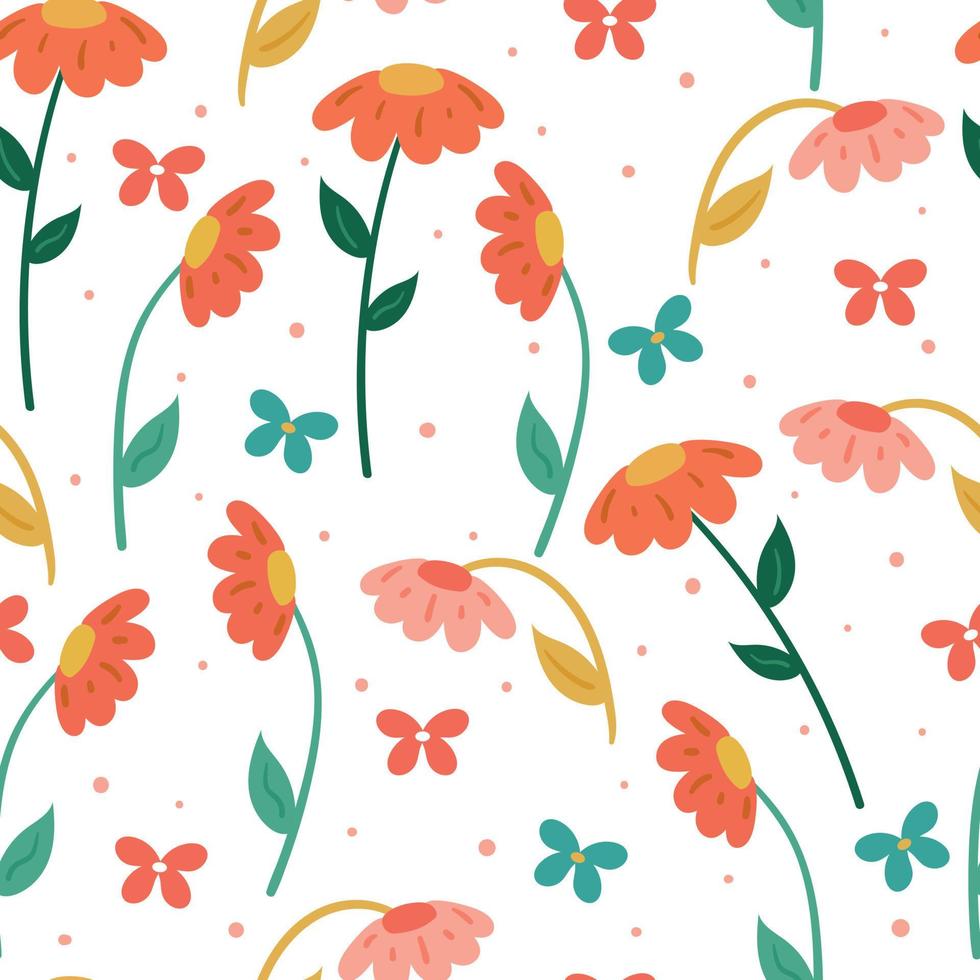 seamless pattern hand drawing cartoon flower and leaves. plant drawing for fabric print, textile, gift wrap paper vector