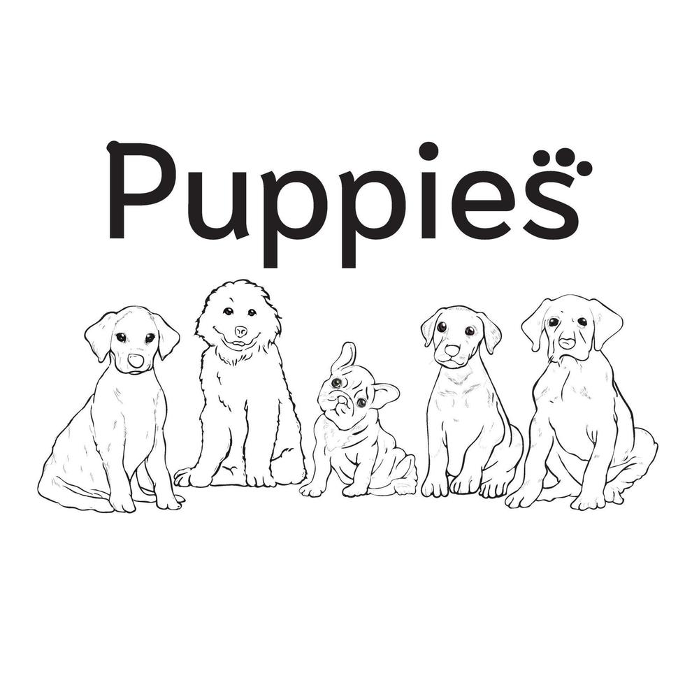 Group of dogs puppies outline sketch drawing vector illustration on white background