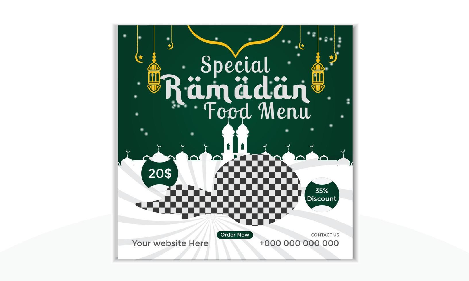 diseño especial de plantilla de vector de redes sociales de menú de comida de ramadán