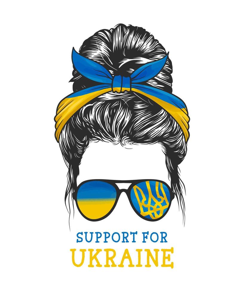 Woman messy bun hairstyle with Ukrainian flag headband and Ukrainian flag symbol glasses, hand-drawn vector illustration