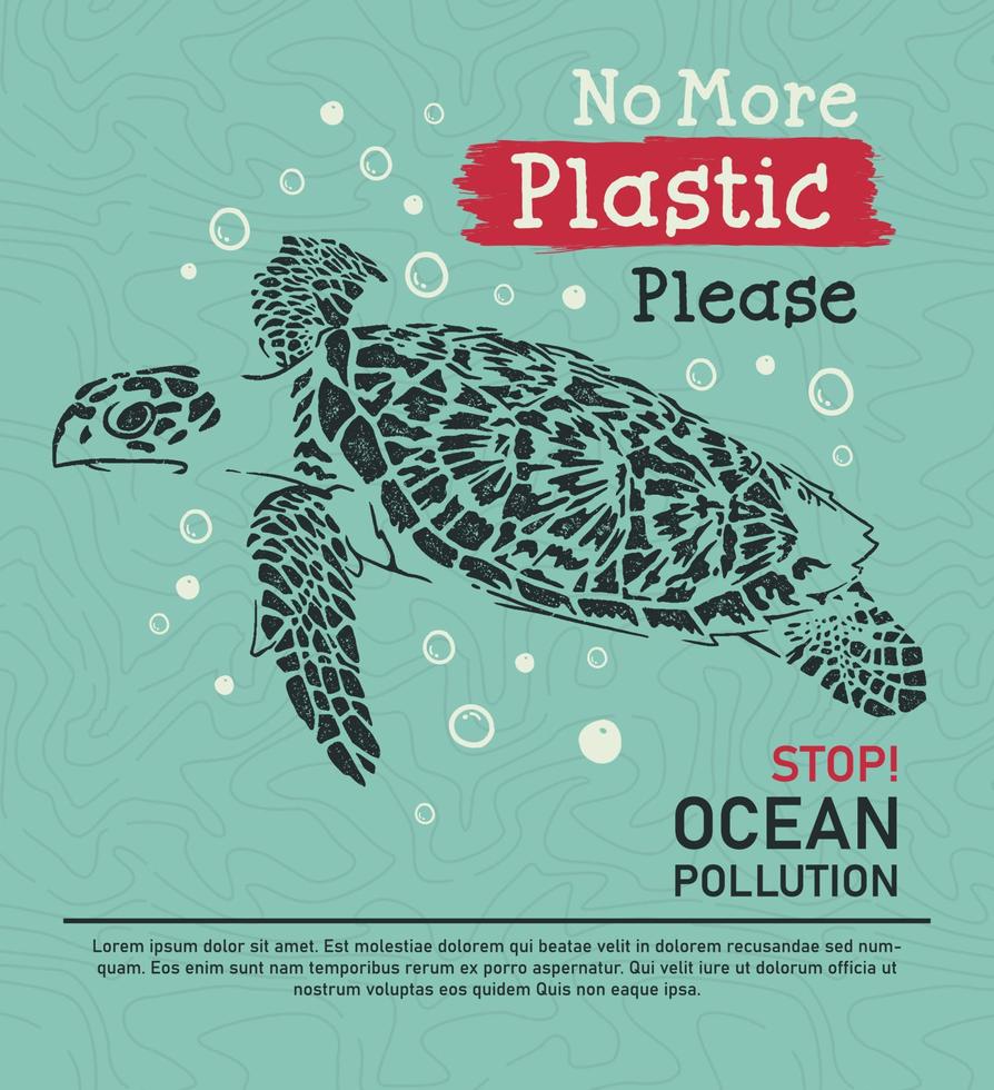 Sea turtle silhouette vector graphic illustration, no more plastic poster