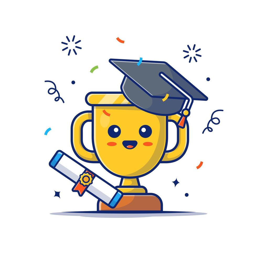 Graduation Trophy With Hat And Certificate Cartoon Vector Icon Illustration. Education Object Icon Concept Isolated Premium Vector. Flat Cartoon Style