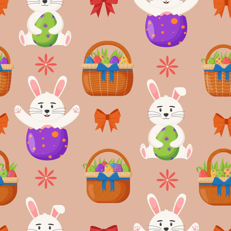 Easter wicker basket and easter bunny seamless pattern. Spring holiday. Happy easter eggs. Seasonal celebration. vector