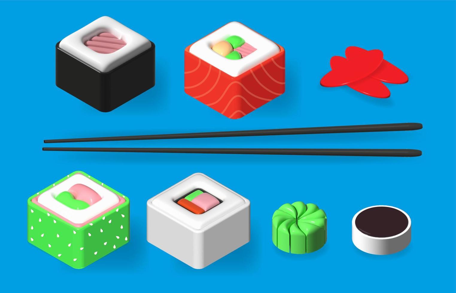 rollos de sushi de colores, renderizado 3d isométrico, ilustración brillante, afiche de banner para promoción, colección de vectores de rollos deliciosos