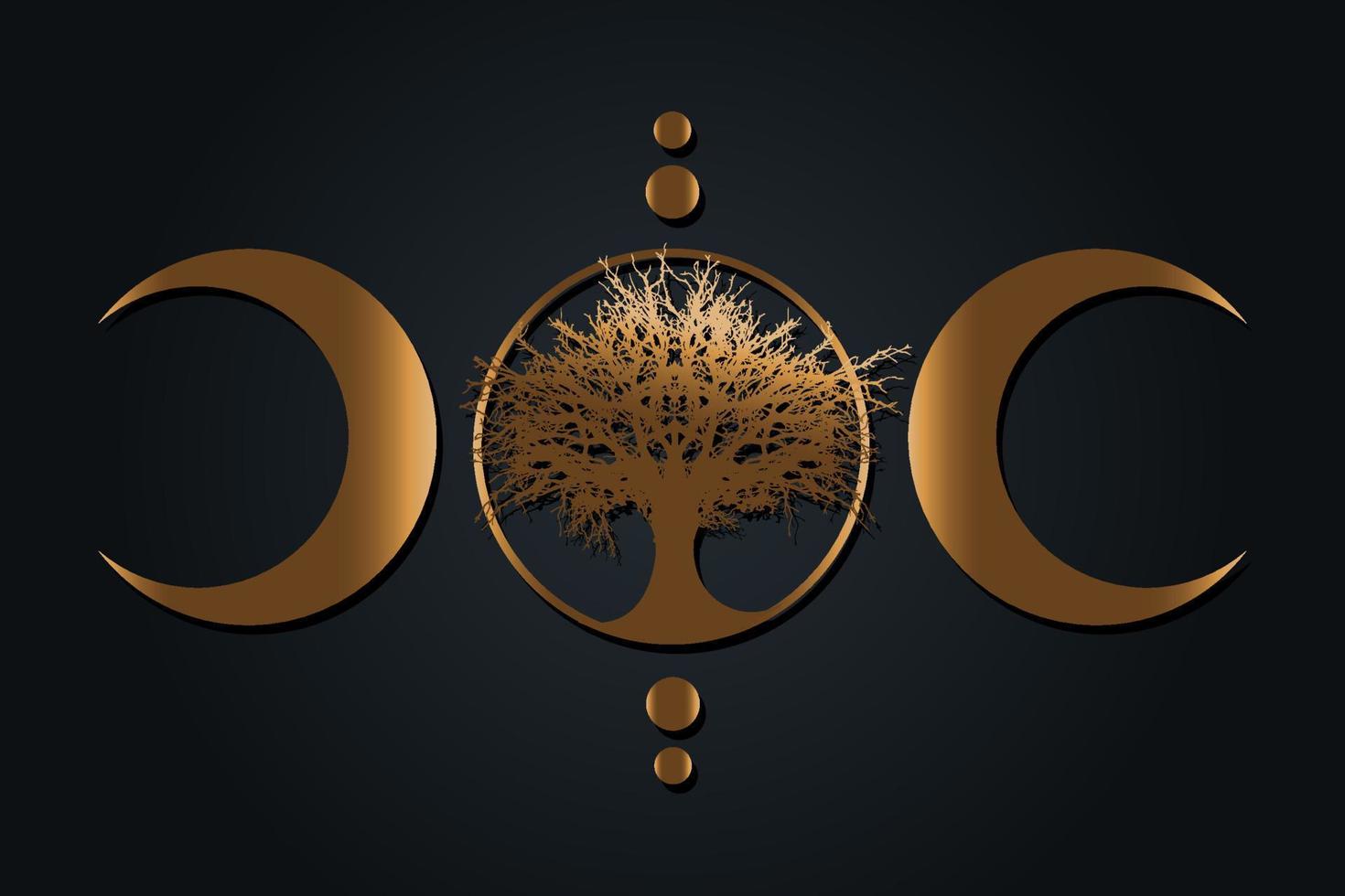 Gold Mystical Moon, tree of life Wicca sign. Sacred geometry. Golden luxury Logo, Crescent moon, half moon pagan Wiccan triple goddess symbol, energy circle, vector isolated on black background