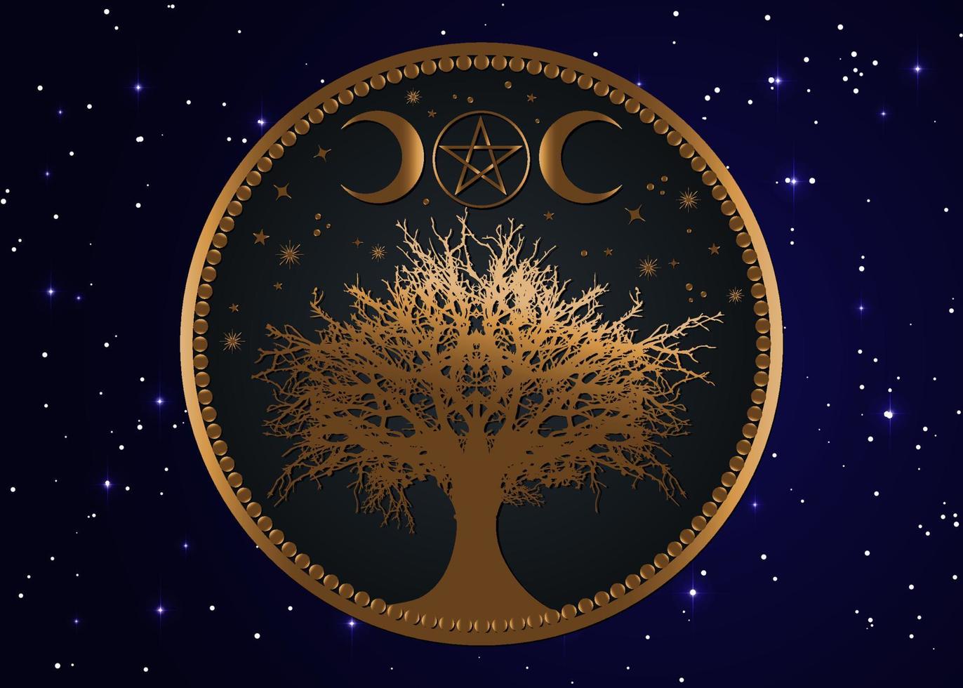 mandala de signo de wicca del árbol de la vida, pentáculo de luna mística dorada, geometría sagrada, luna creciente dorada, símbolo de diosa triple wiccan pagana de media luna, vector aislado en el fondo del cielo nocturno estrellado azul