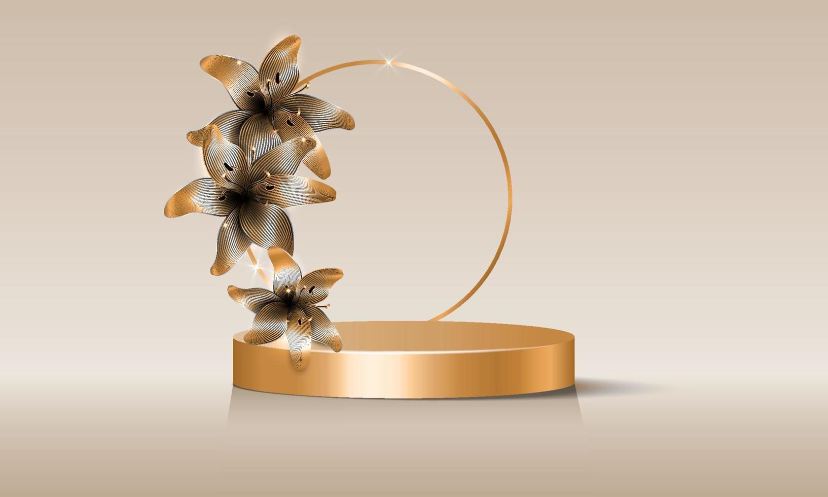 3d empty stage with round arch decorated with gold flowers, vector isolated on beige background. Showcase with blank podium and floral arrangement, commercial product display mockup