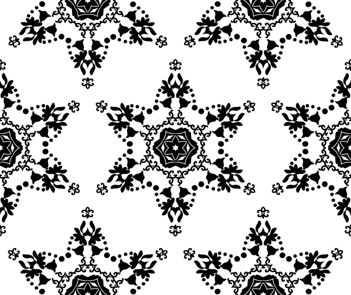 Vector seamless pattern of floral mandalas. Black patterned stars on a white background. Abstraction of carved artistic elements in oriental style.