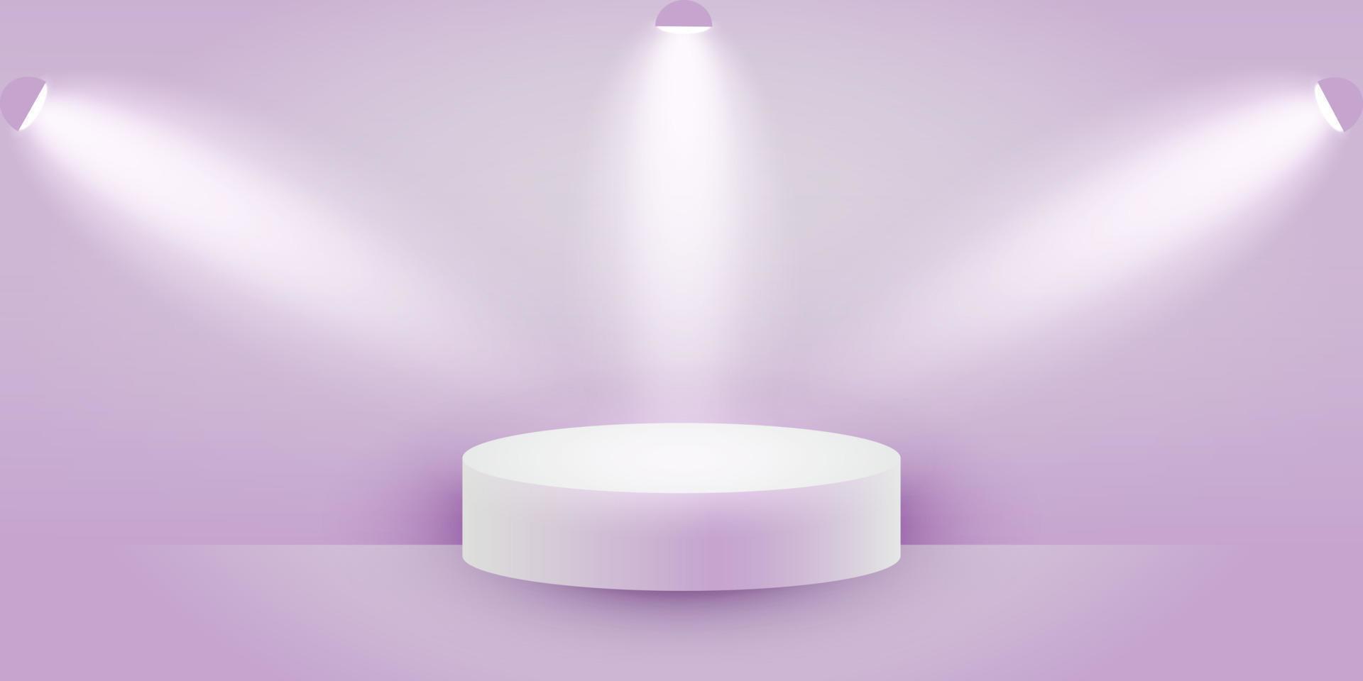 Empty stand podium 3d with backlight. Lilac banner for product presentation. Cylindrical pedestal with soft light. Purple vector background.