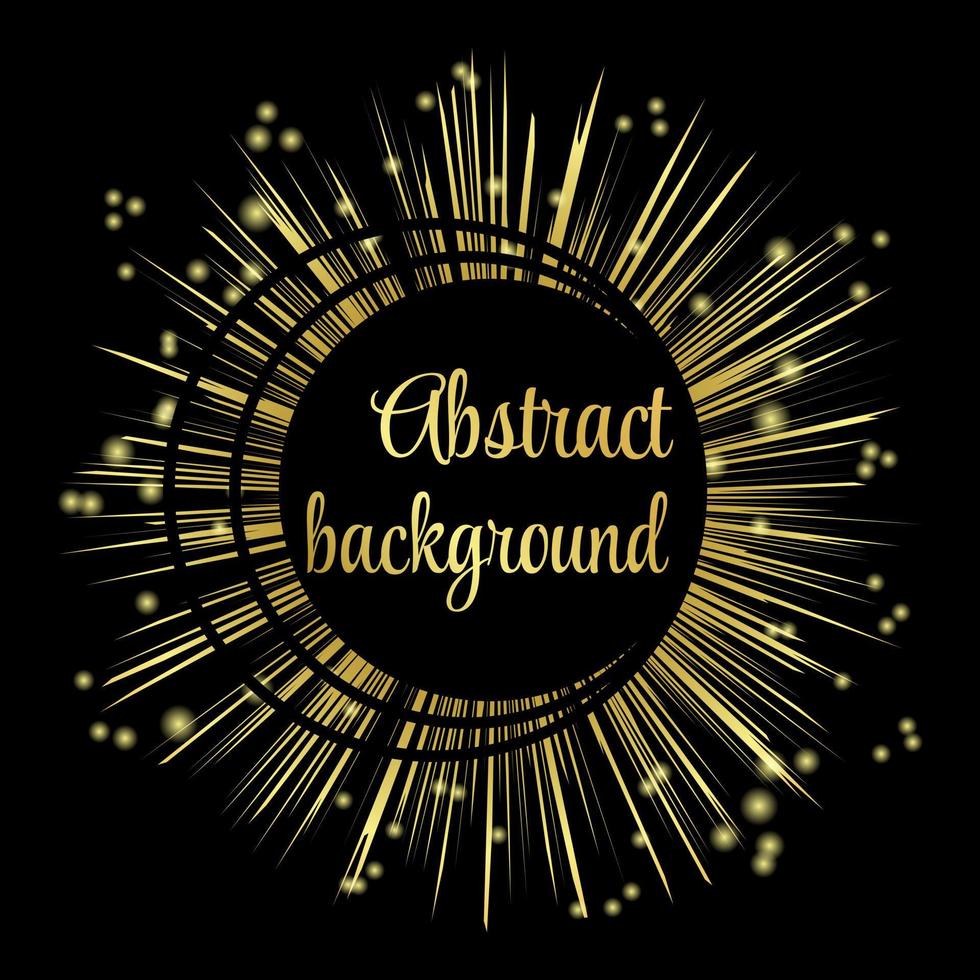 Round abstraction with golden rays and confetti on a black background. Golden rays with highlights on a dark background. Vector banner with place for text. For advertising, packaging or photo frames.