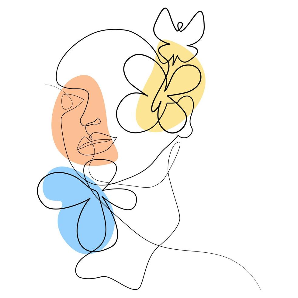 dibujo de contorno de línea sólida de la cara de una mujer con mariposas florales y manchas de colores. arte lineal. vector