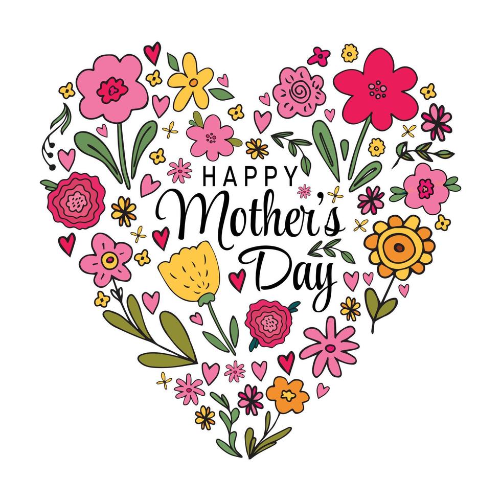 linda tarjeta de felicitación del día de las madres felices. ilustración vectorial con bouqet en forma de corazón con varios garabatos de flores florales en estilo infantil simple dibujado a mano. plantilla de diseño brillante del día de la madre vector