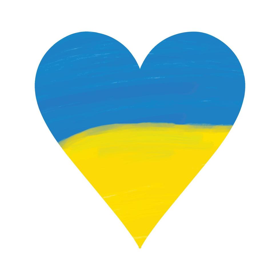 Heart with Ukrainian flag - yellow and blue horizontal bands. Hand drawn background template with brush grunge textured heart shaped color stripes, symbol of Ukraine. Stop war concept. vector