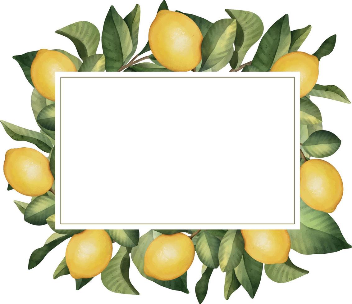 marco dibujado a mano de limón acuarela. corona de ilustración acuarela de limón y hojas. vector