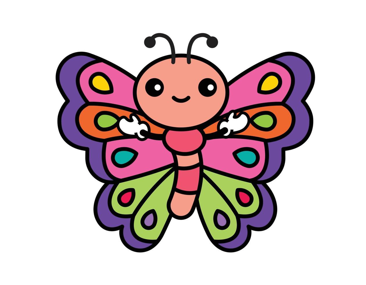 personaje de mariposa colorido de dibujos animados gesto de bienvenida de las manos. mariposa con hermoso patrón de alas. ilustración de carácter vectorial vector