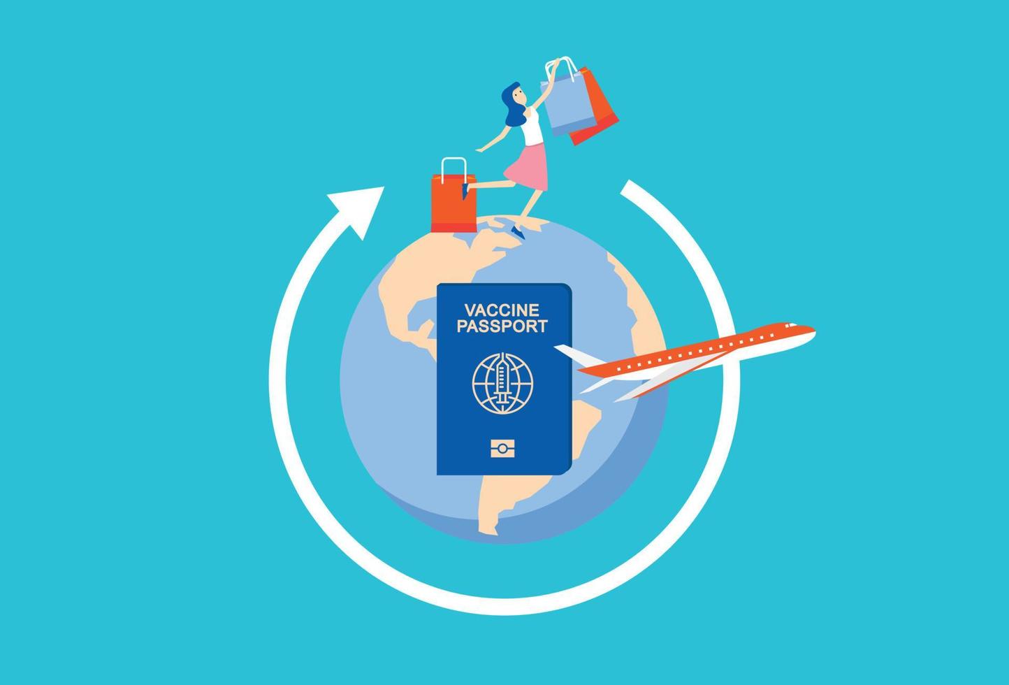 A woman travel with vaccine coronavirus COVID-19 passport vector