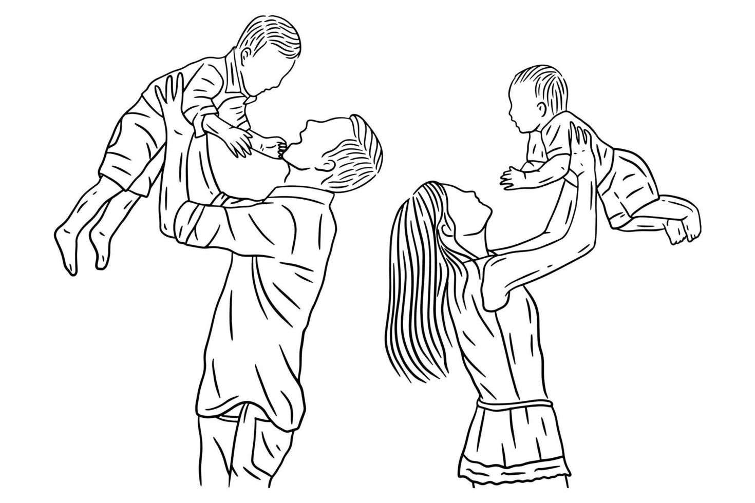 Family With Love Happy Wife and Husband With Baby and Child Line Art illustration vector