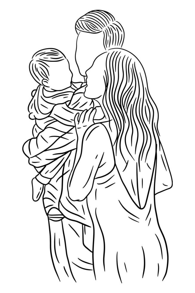 Family With Love Happy Wife and Husband With Baby and Child Line Art illustration vector