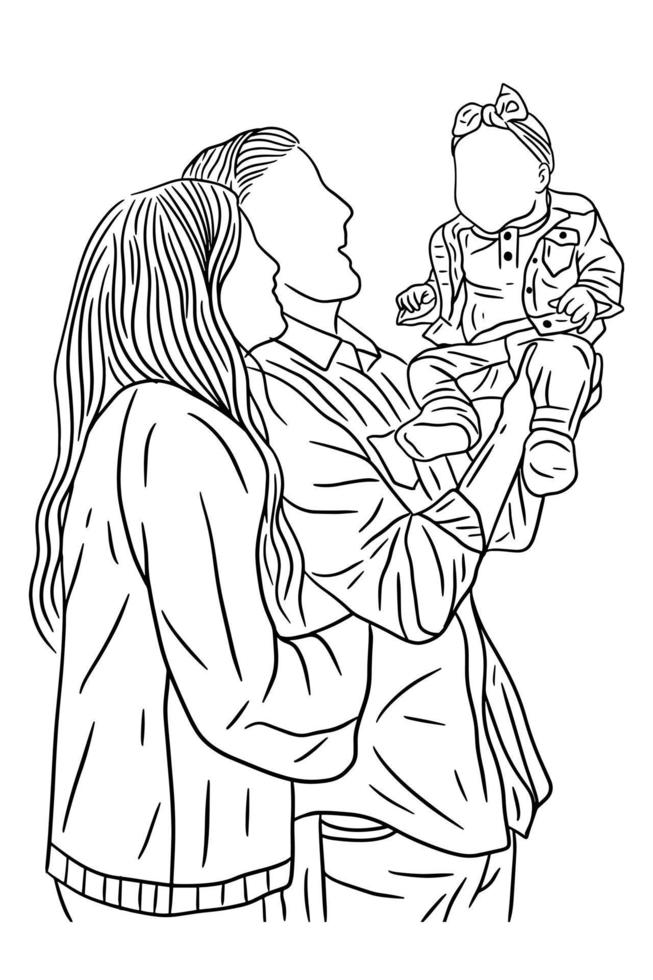 Family With Love Happy Wife and Husband With Baby and Child Line Art illustration vector