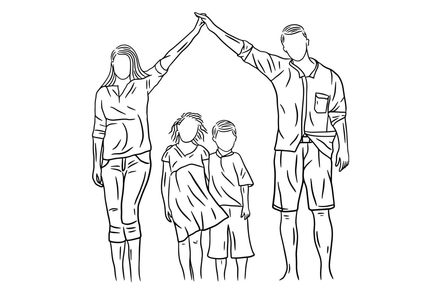 familia con amor feliz esposa y esposo con bebé y niño ilustración de arte de línea vector
