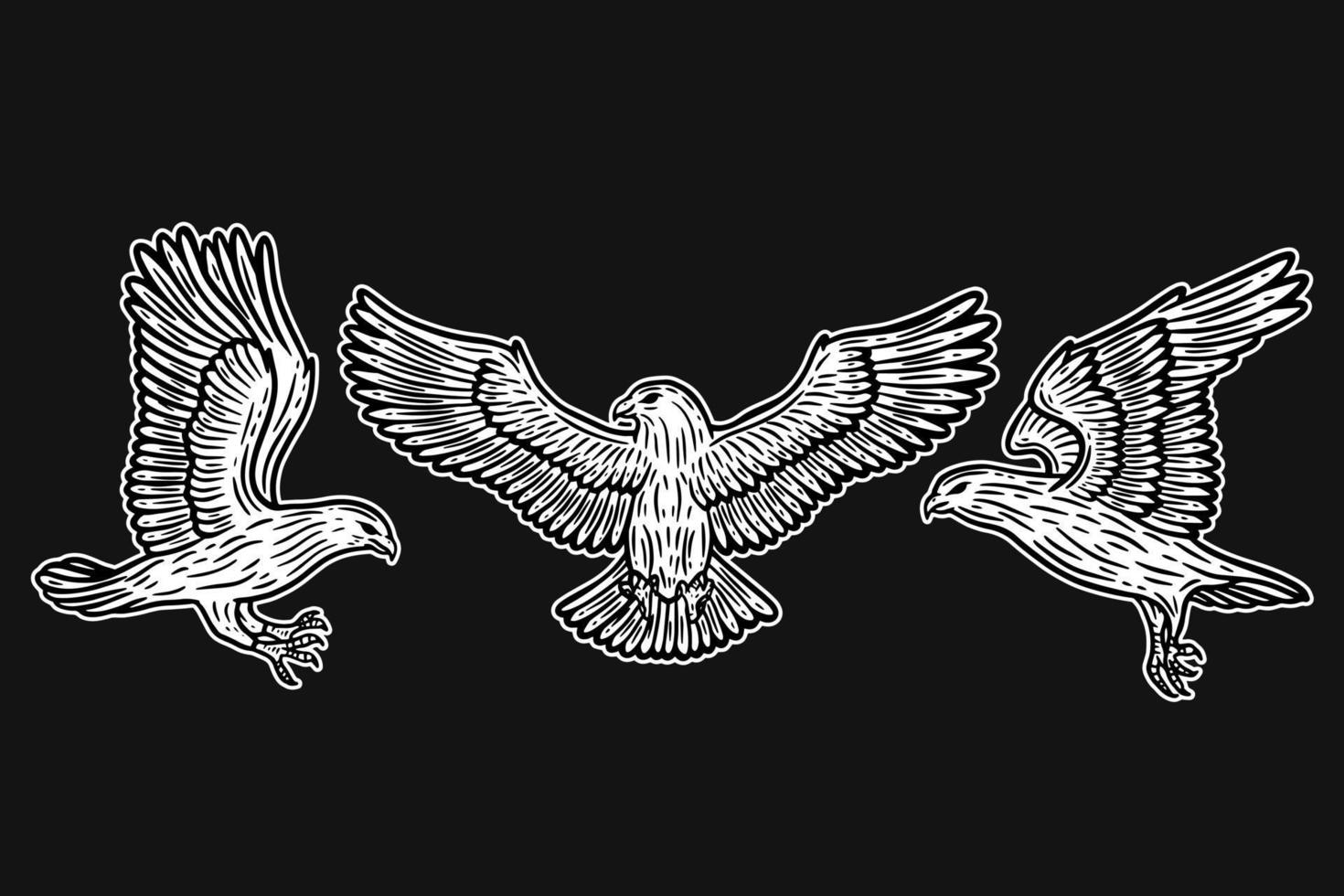 establecer alas de animales de pájaro águila volando dibujadas a mano para tatuajes e ilustraciones de arte de camisetas vector