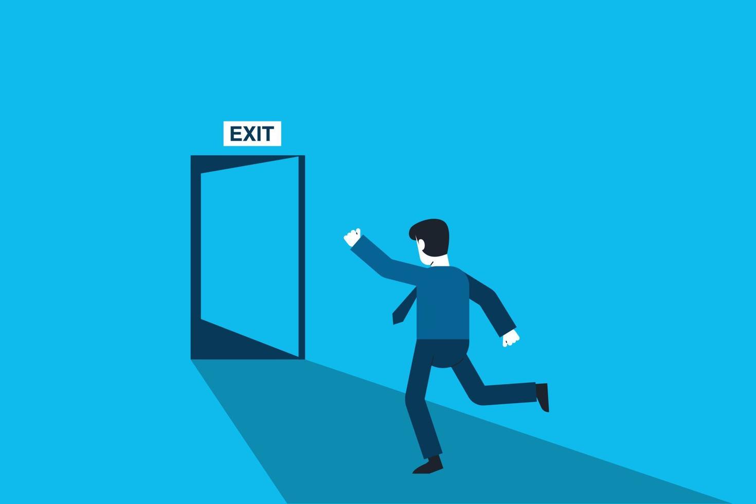 Businessman run to open exit door. Emergency escape and evacuation from office vector business concept.