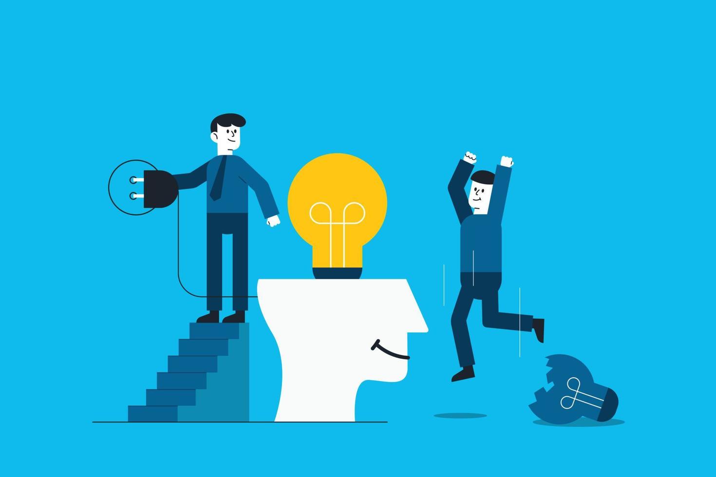 Business man in a suit holding a light bulb on top head human. change idea concept. vector