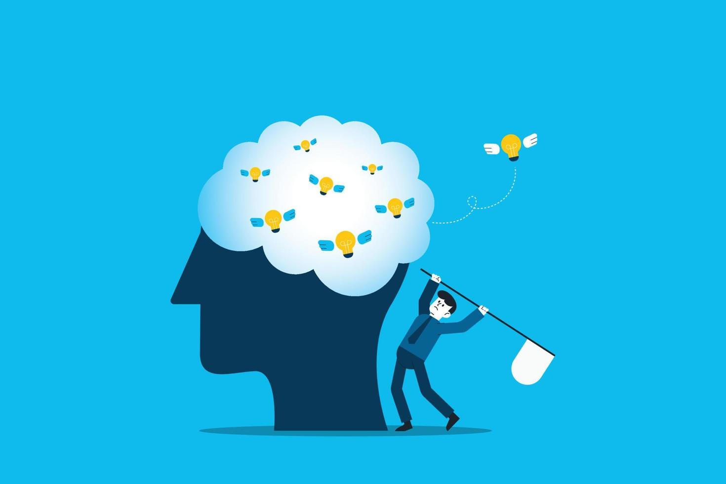 Businessman is trying to catch a flying light bulb with a scoop-net. Search for ideas vector