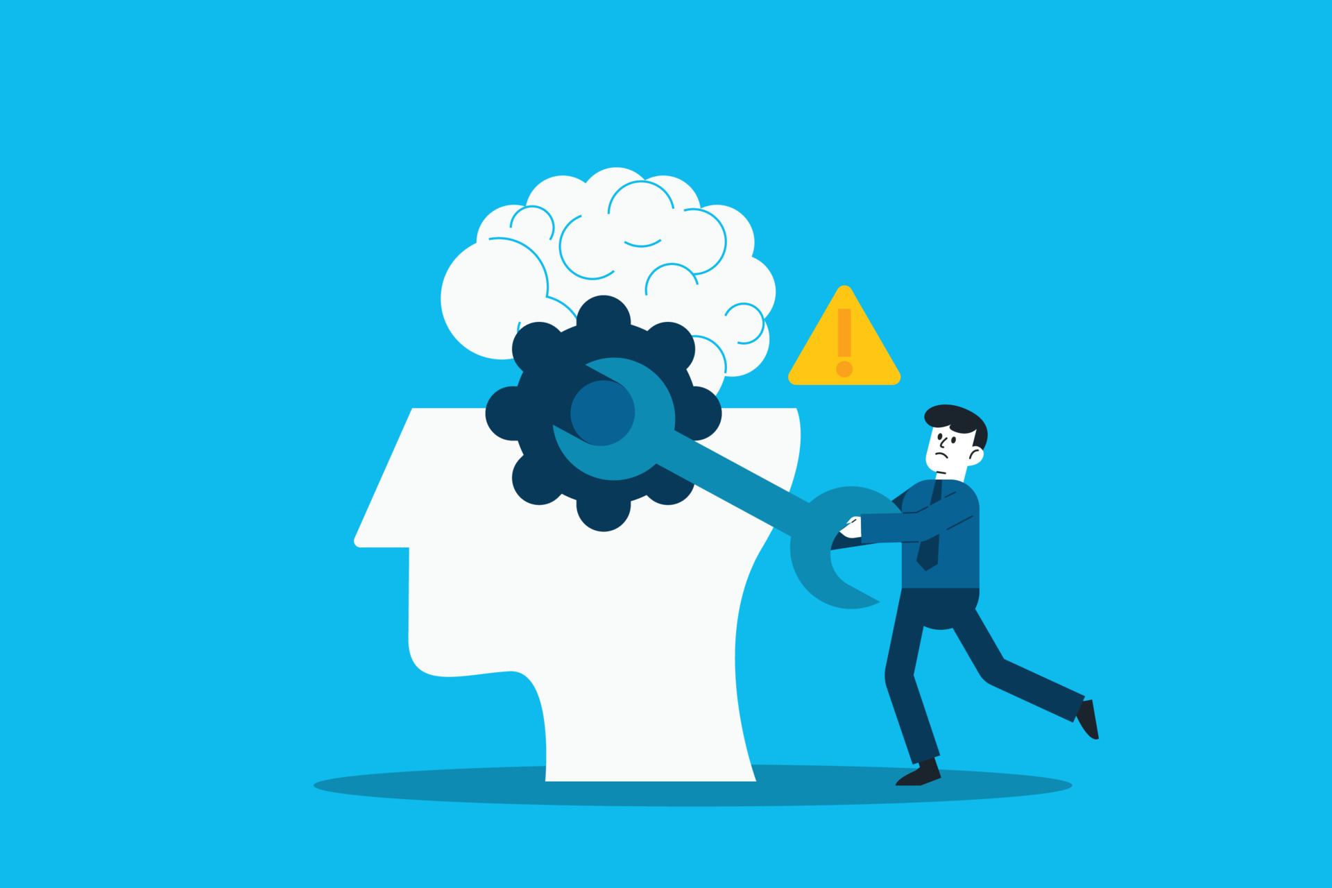 Fixing thinking process. Brain Thinking Gear. man fix and lubricate