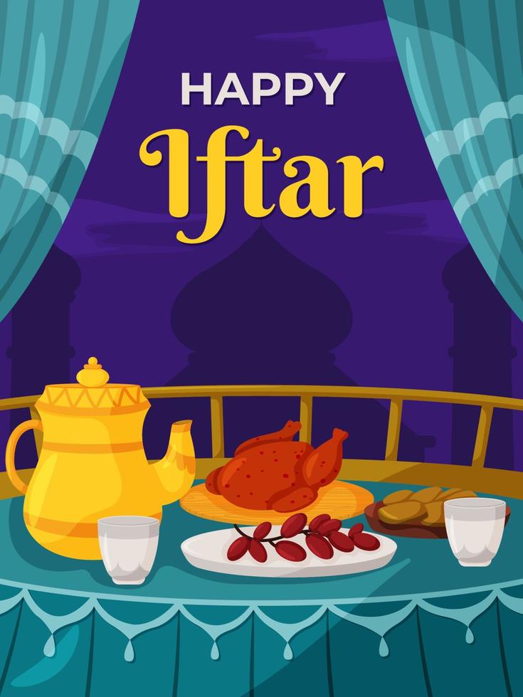 Iftar Food Background with Mosque Silhouette vector