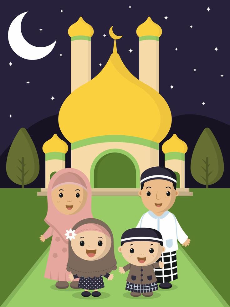 concepto de ramadán con familia musulmana frente a la mezquita vector