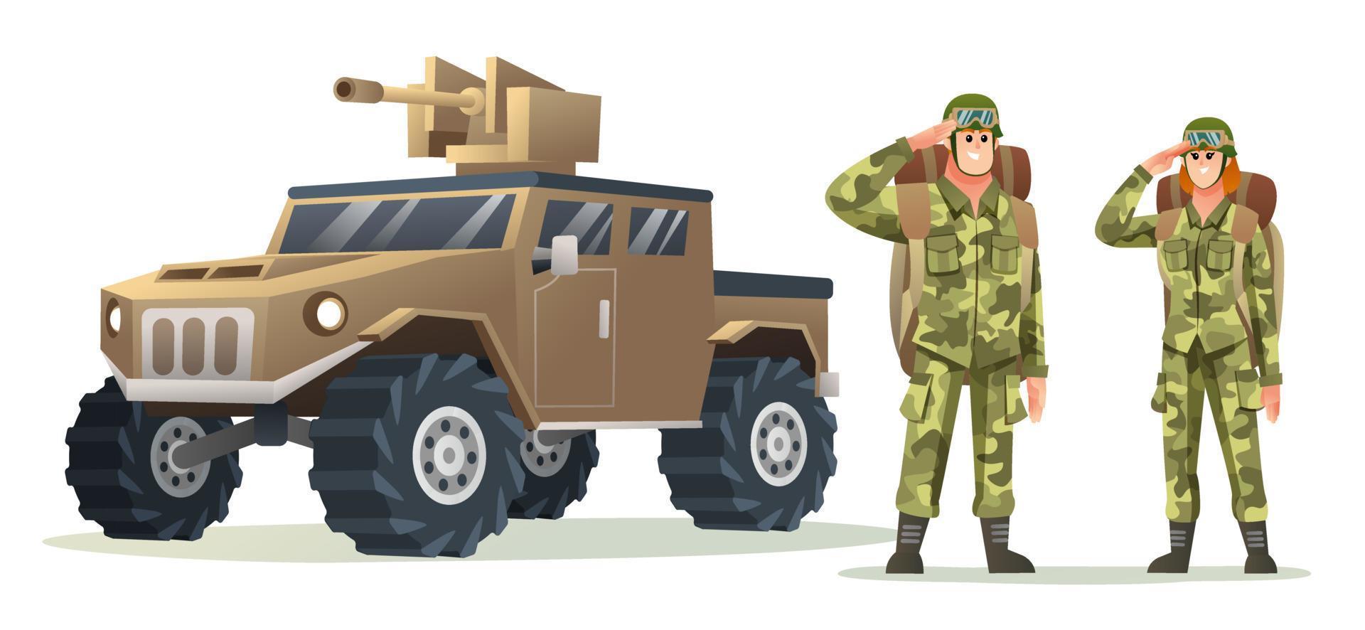 Male and female army soldier carrying backpack characters with military vehicle cartoon illustration vector