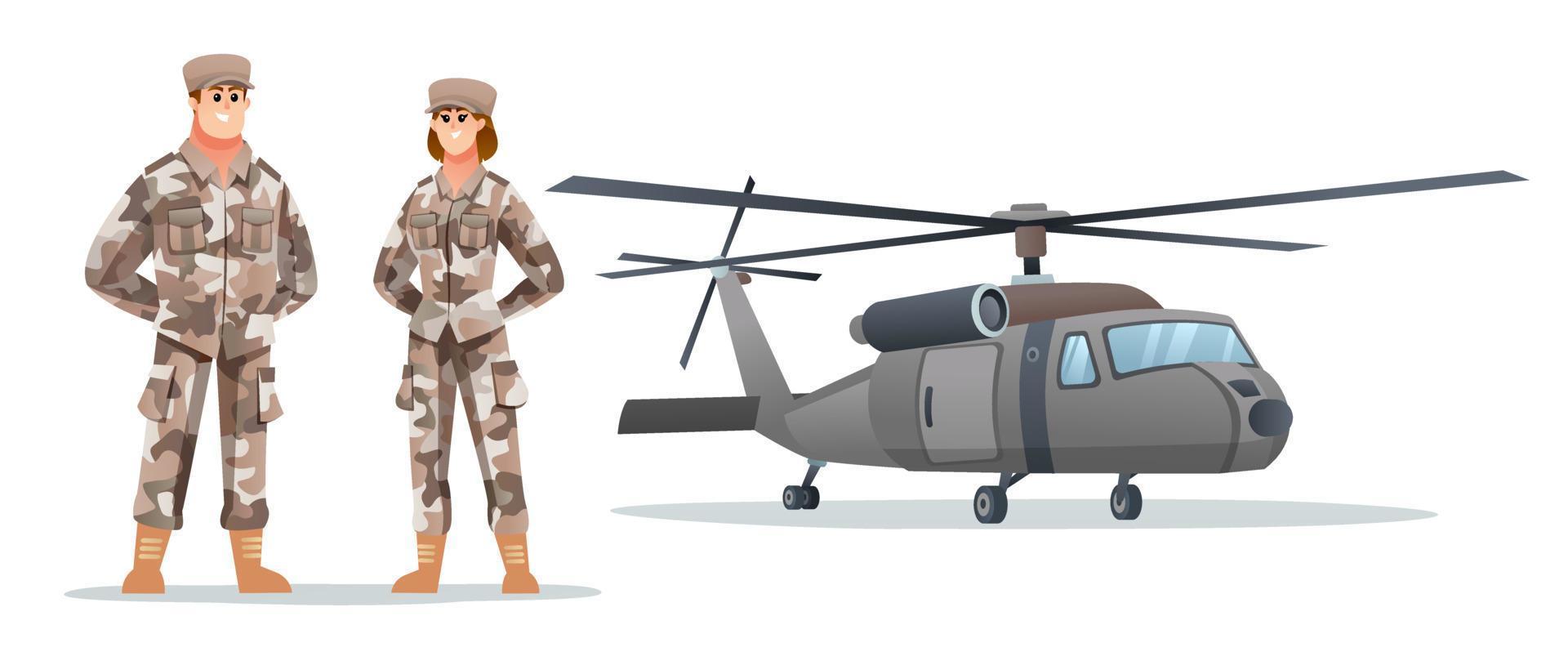 Male and female army soldier characters with military helicopter vector