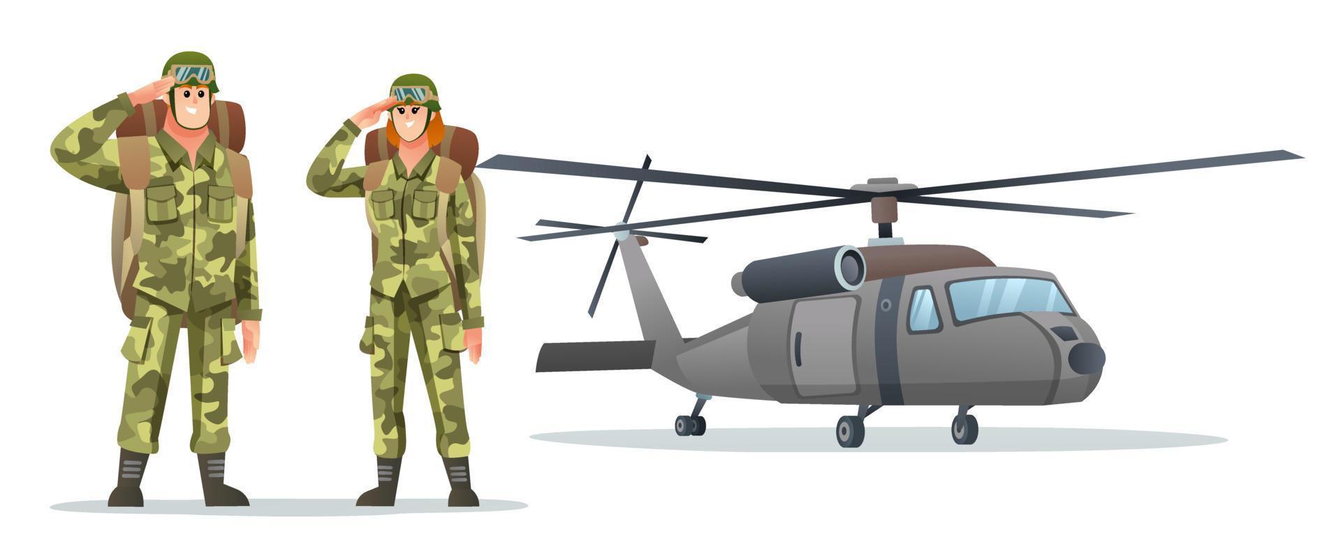 soldado del ejército de hombre y mujer que lleva personajes de mochila con ilustración de dibujos animados de helicóptero militar vector