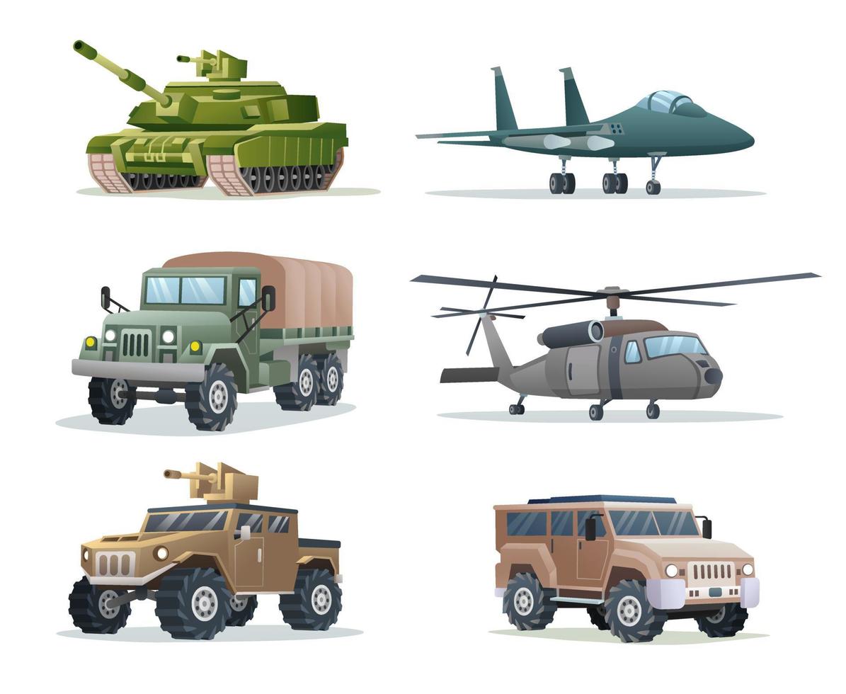 Collection of military army vehicles transportation isolated illustration vector