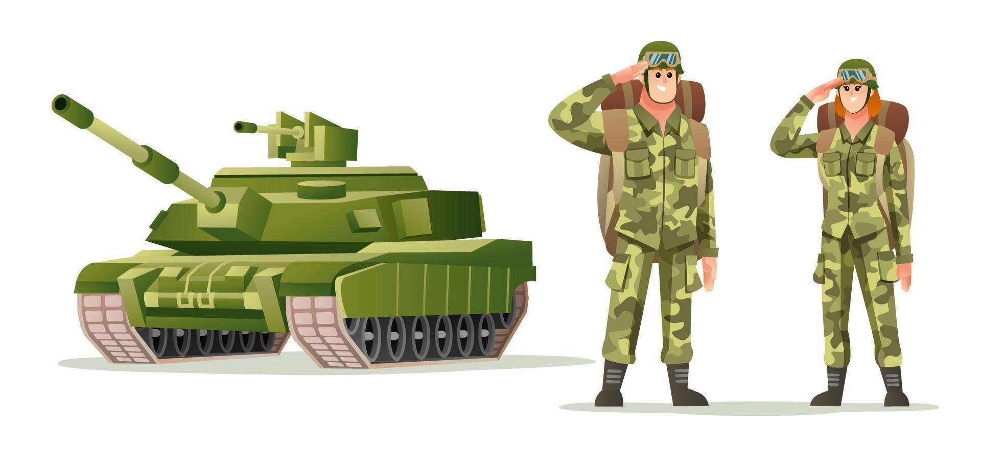 Male and female army soldier carrying backpack characters with tank cartoon illustration vector