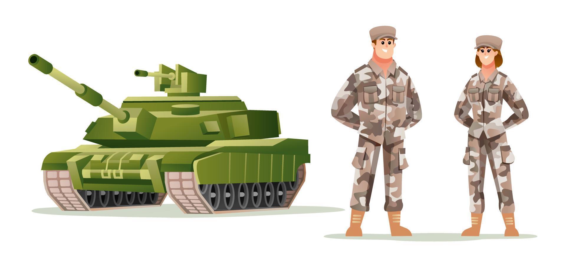 Man and woman army soldier characters with tank cartoon illustration vector